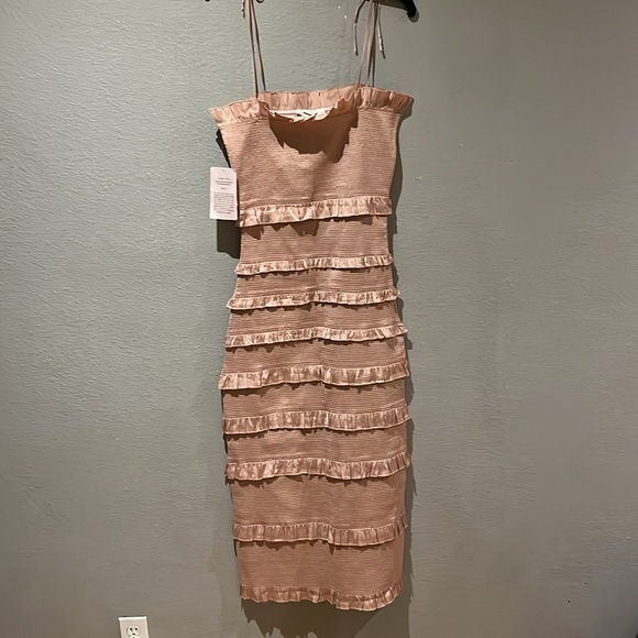 V. Chapman Lily Ruched & Ruffled Stretch Satin Midi Dress Dusty Rose NWT - Picture 3 of 10